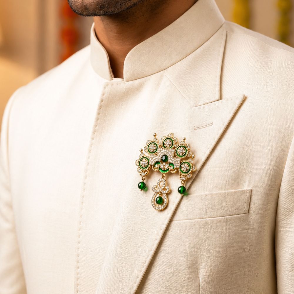 Eerav- Green Stone Studded American Diamond Style Brooch for Men & Women