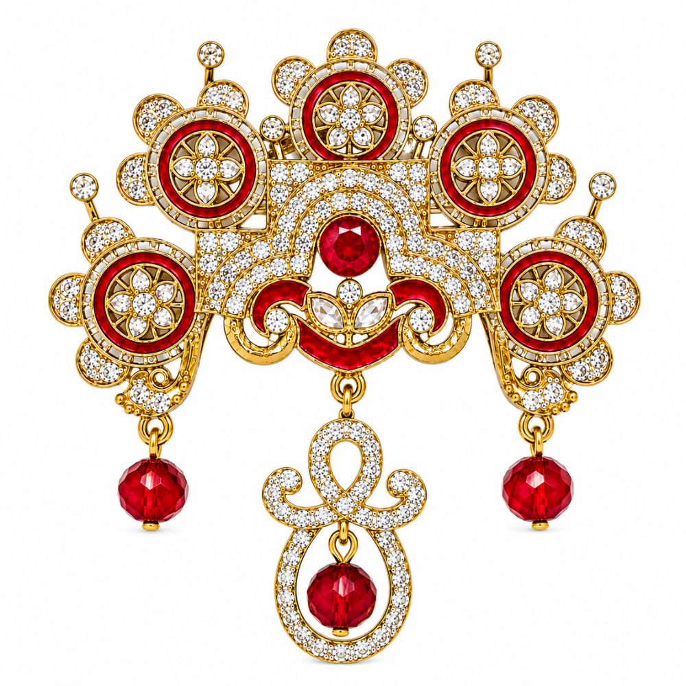 Eerav- Red Stone Studded American Diamond Style Brooch for Men & Women