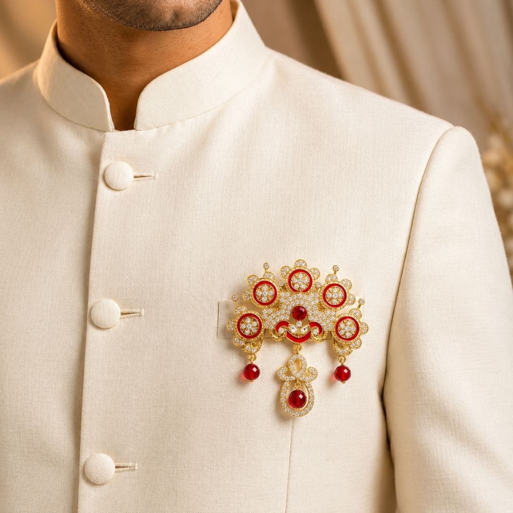 Eerav- Red Stone Studded American Diamond Style Brooch for Men & Women
