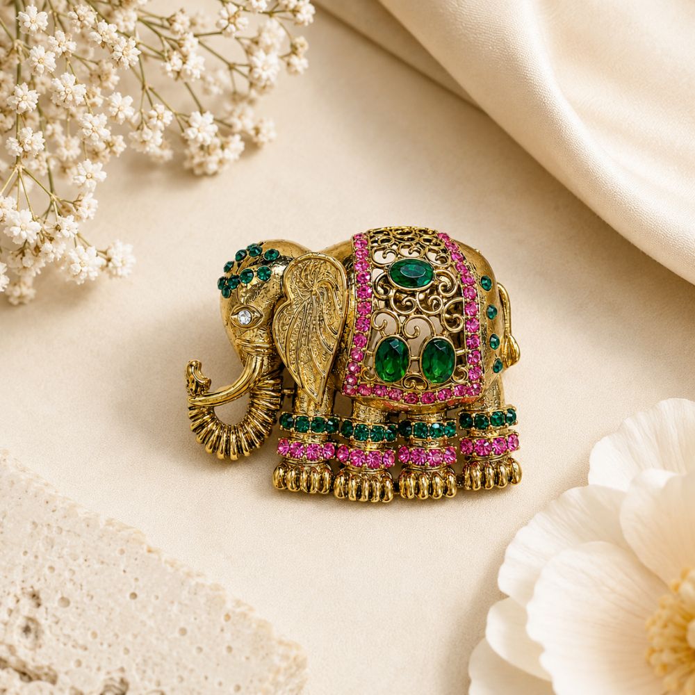 Shivrath- Pink and Green stone Elephant Design Brooch