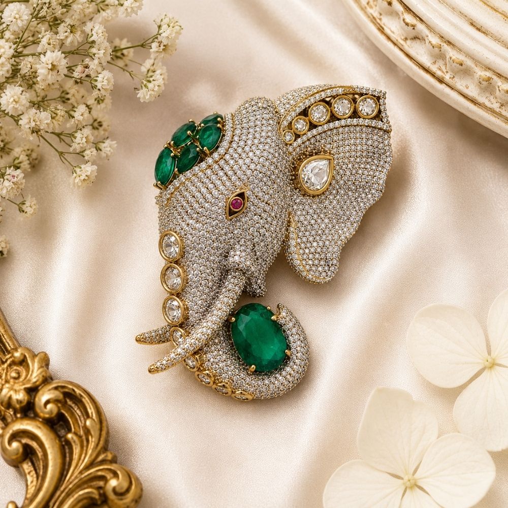 Gajraj- Men's Royal Elephant Brooch with Emerald Green Stones