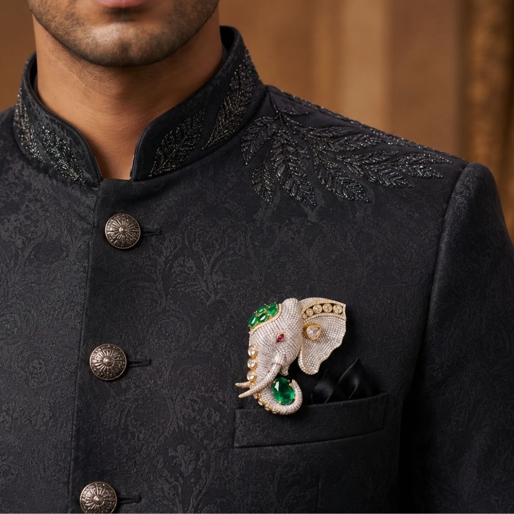 Gajraj- Men's Royal Elephant Brooch with Emerald Green Stones