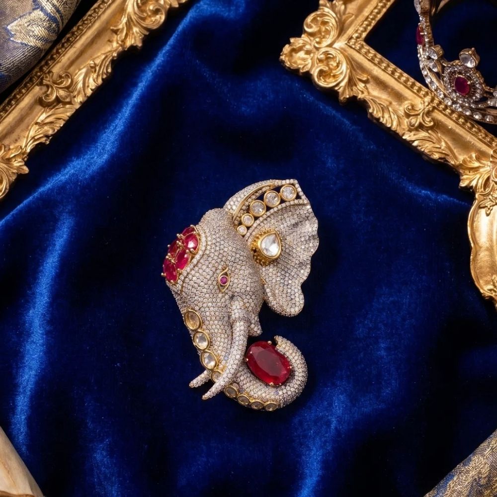 Gajraj- Men's Royal Elephant Brooch with Red Stones