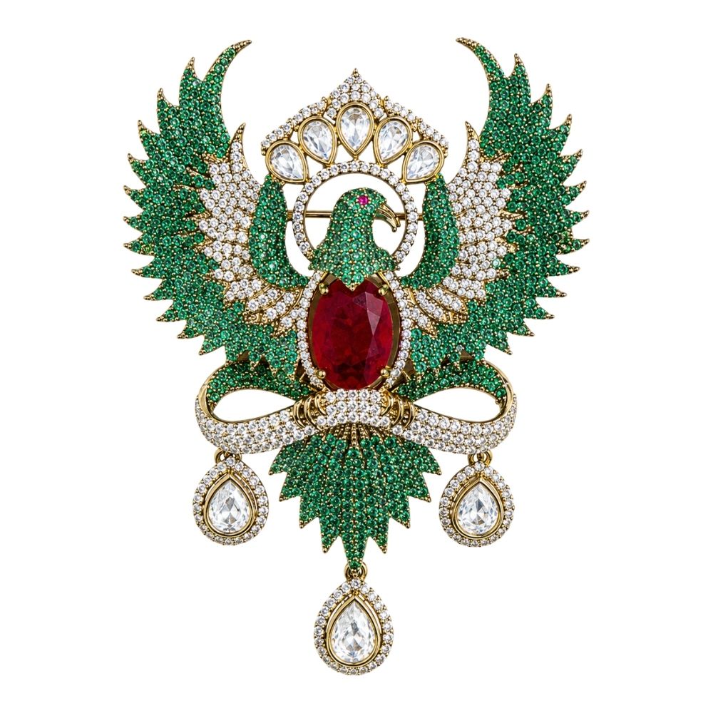 Jatayu- Men's Royal Green crystal Phoenix Brooch with Maroon Stone