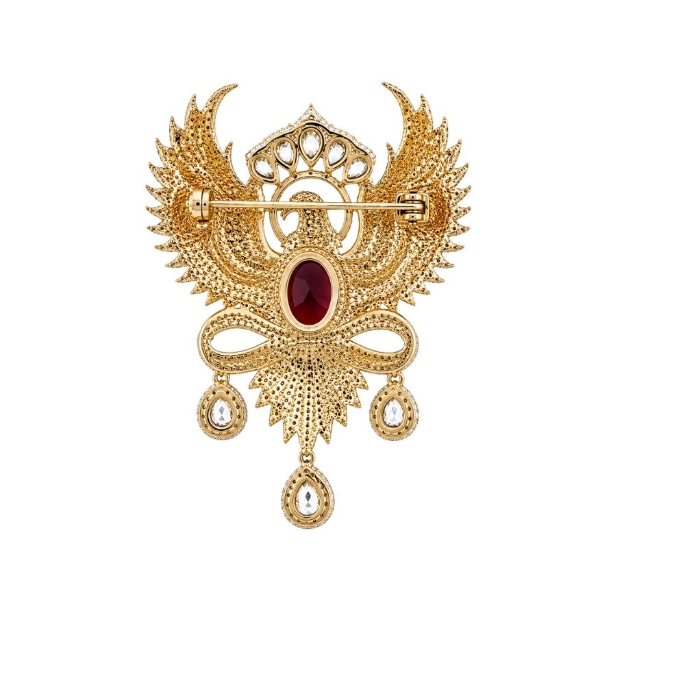 Jatayu- Men's Royal Green crystal Phoenix Brooch with Maroon Stone