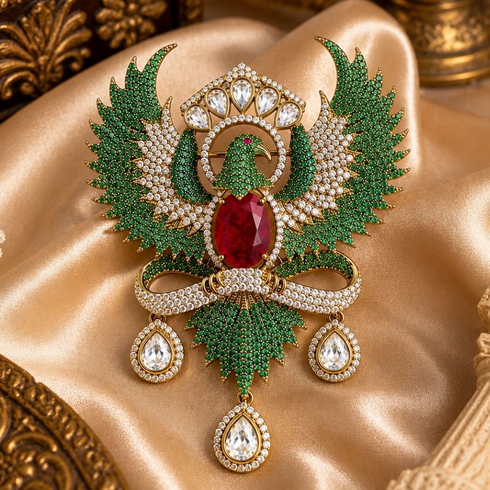 Jatayu- Men's Royal Green crystal Phoenix Brooch with Maroon Stone