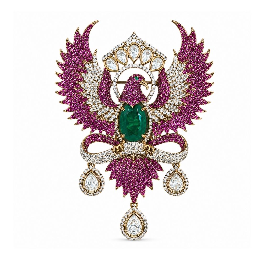 Jatayu- Men's Royal Pink crystal Phoenix Brooch with Green Stone