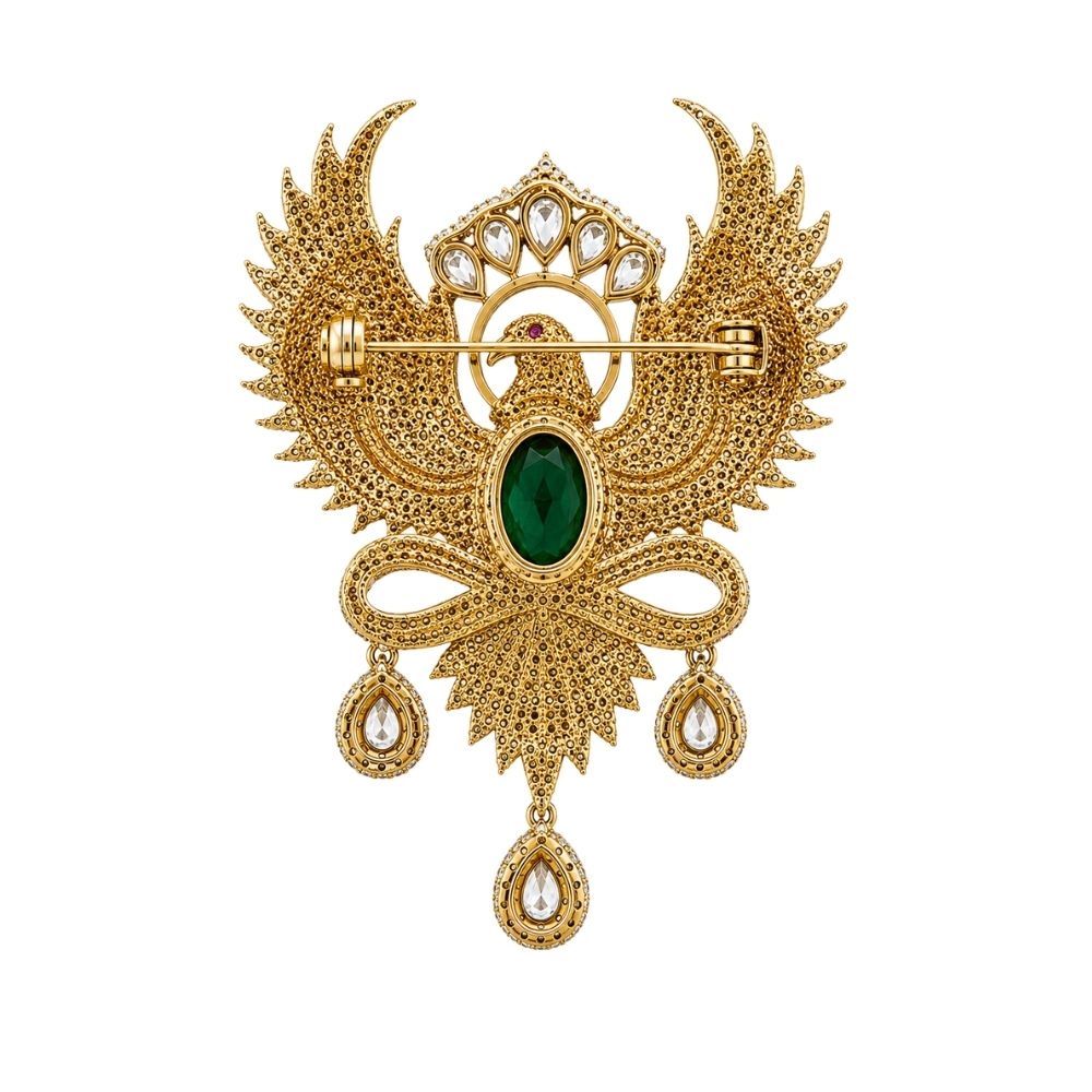 Jatayu- Men's Royal Pink crystal Phoenix Brooch with Green Stone