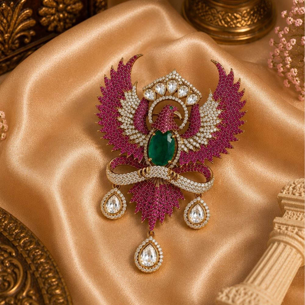 Jatayu- Men's Royal Pink crystal Phoenix Brooch with Green Stone