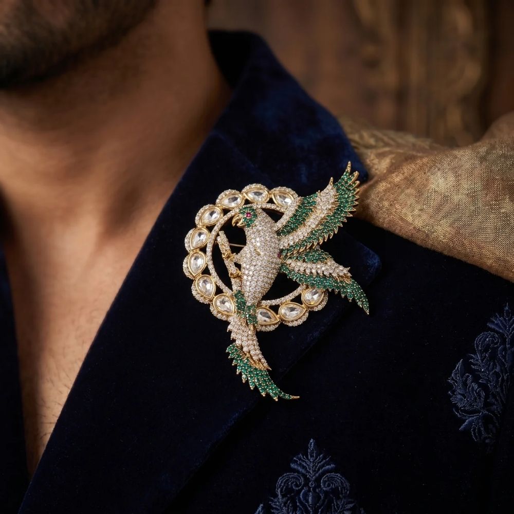 Ruchit- Green Royal Bird Lapel Brooch for Men