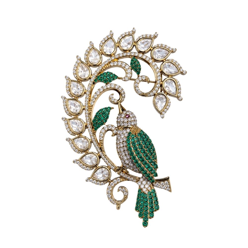 Shivnen-Men's Green Designer Bird Motif Brooch