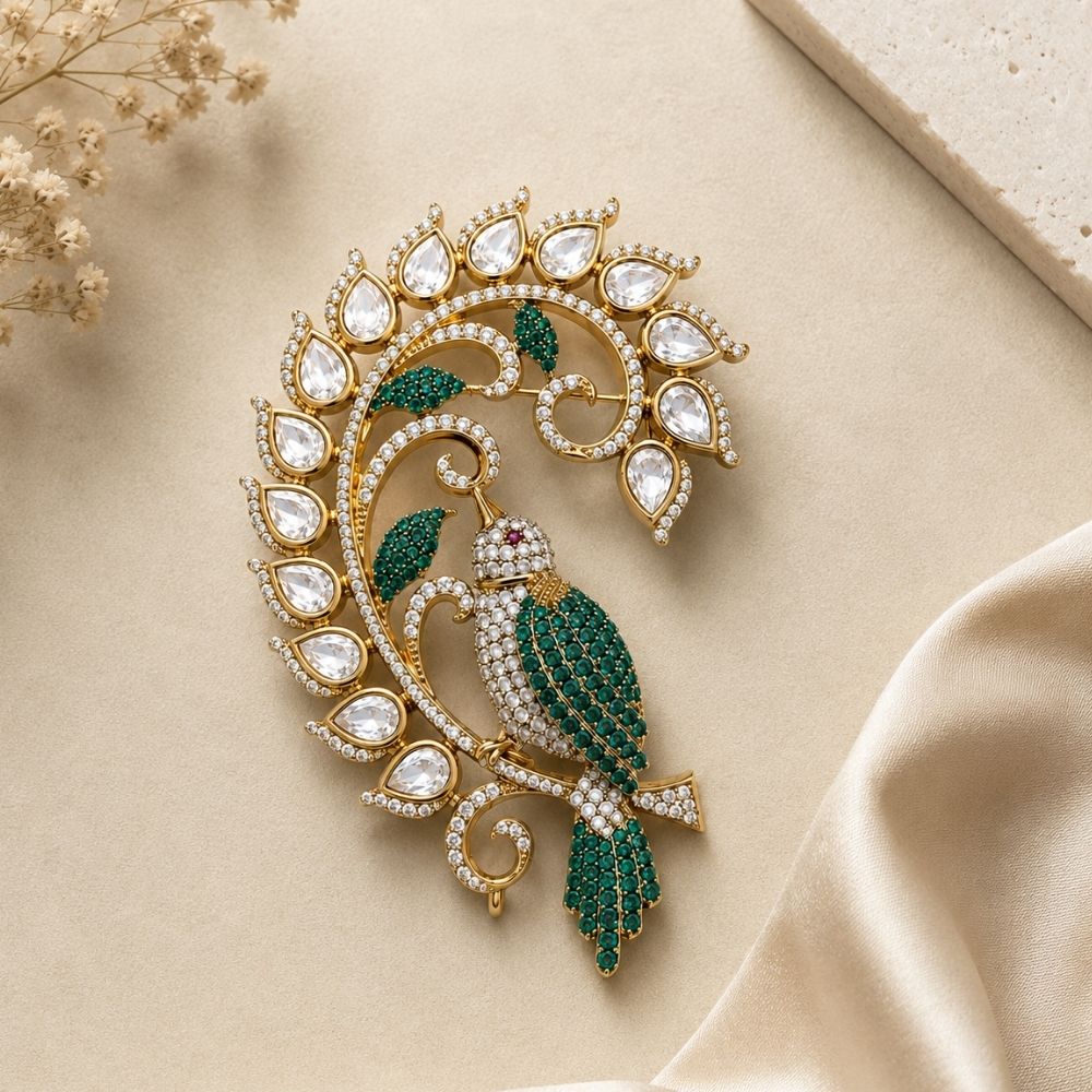 Shivnen-Men's Green Designer Bird Motif Brooch