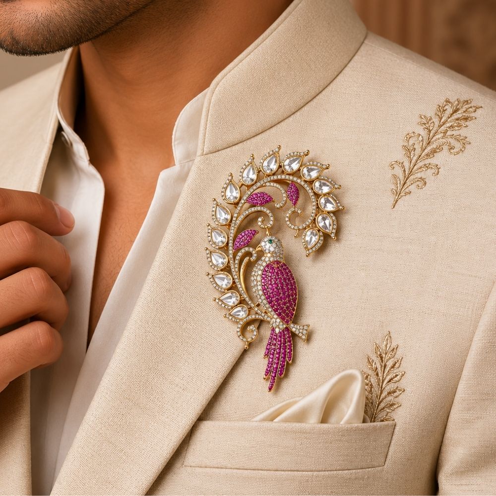 Shivnen-Men's Pink Designer Bird Motif Brooch