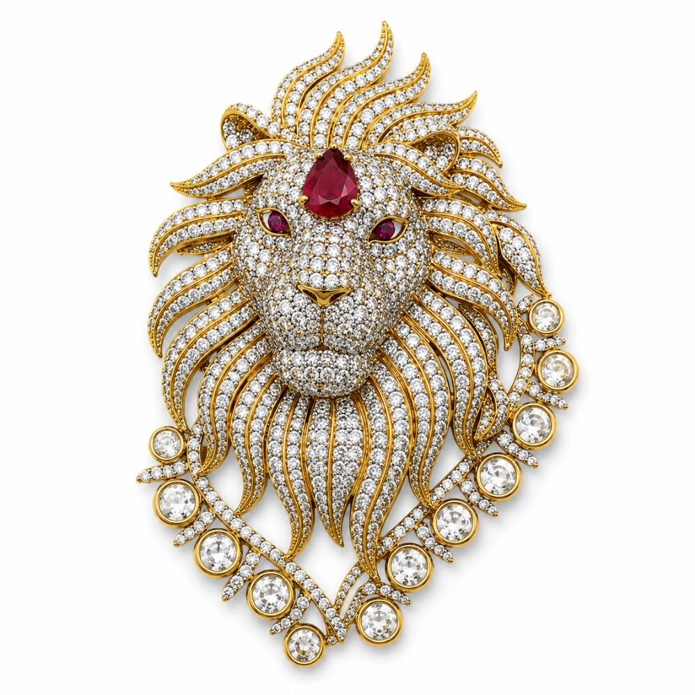 Yatharth- Royal Lion Brooch for Men with Dark Pink stone