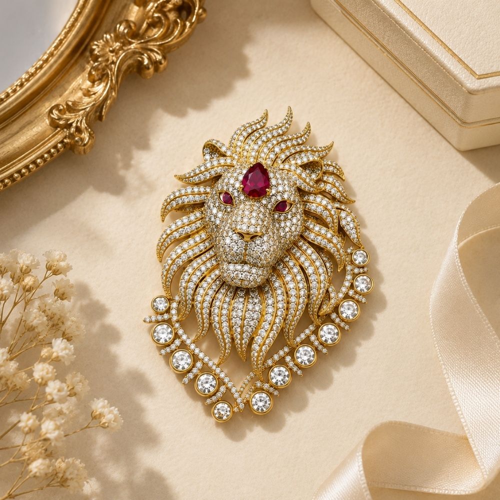 Yatharth- Royal Lion Brooch for Men with Dark Pink stone