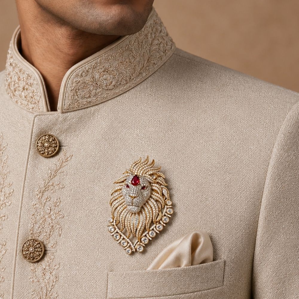 Yatharth- Royal Lion Brooch for Men with Dark Pink stone