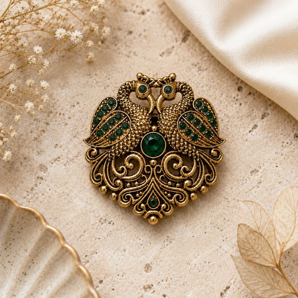 Vayu- Antique Swan Brooch with Green Crystal Stones