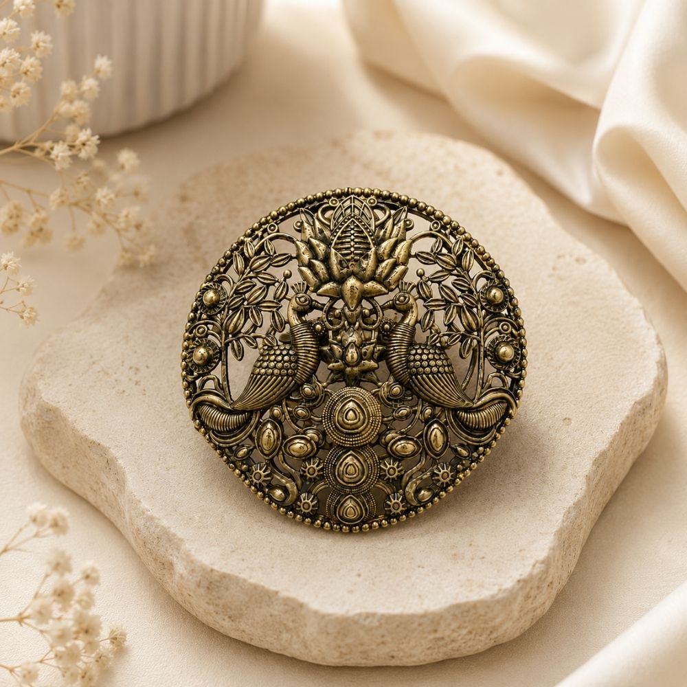 Veer-Antique Peacock Floral Medallion Brooch for Men