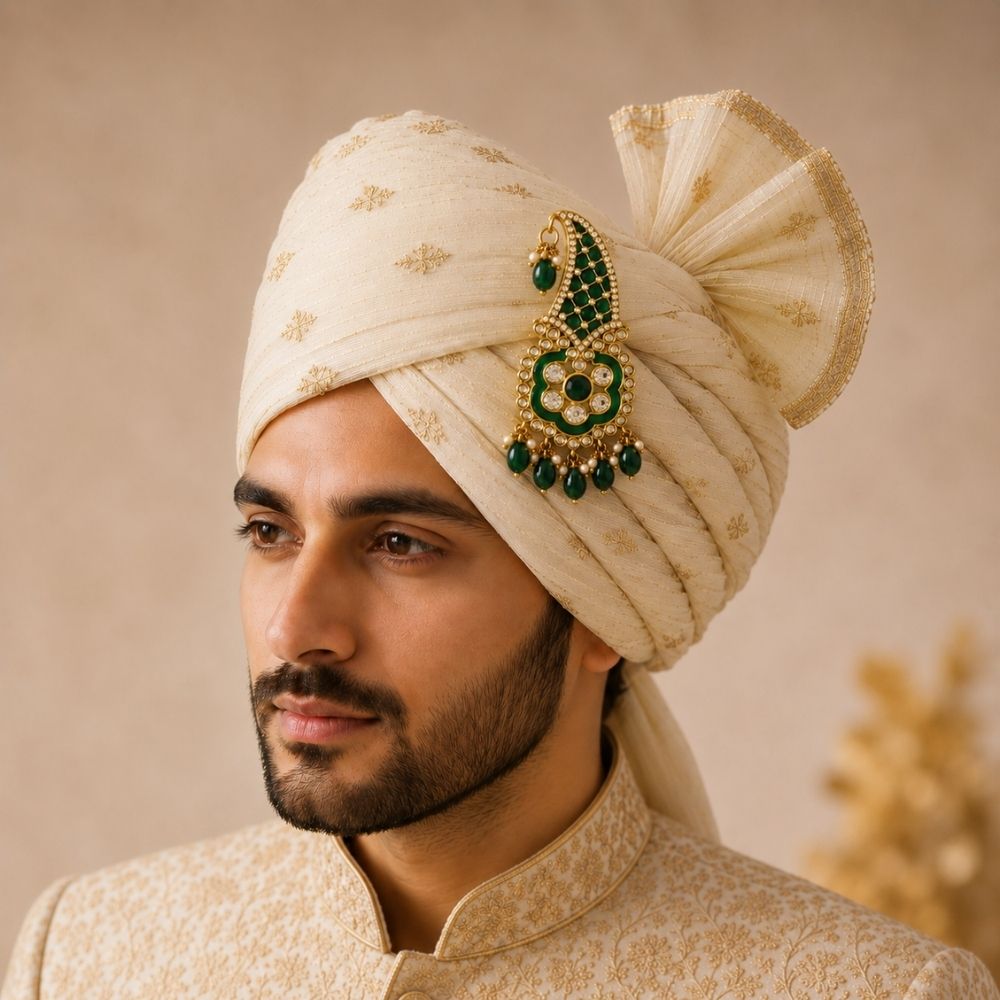 Abhir-Emerald-Style Kundan Paisley Groom Turban Kalangi