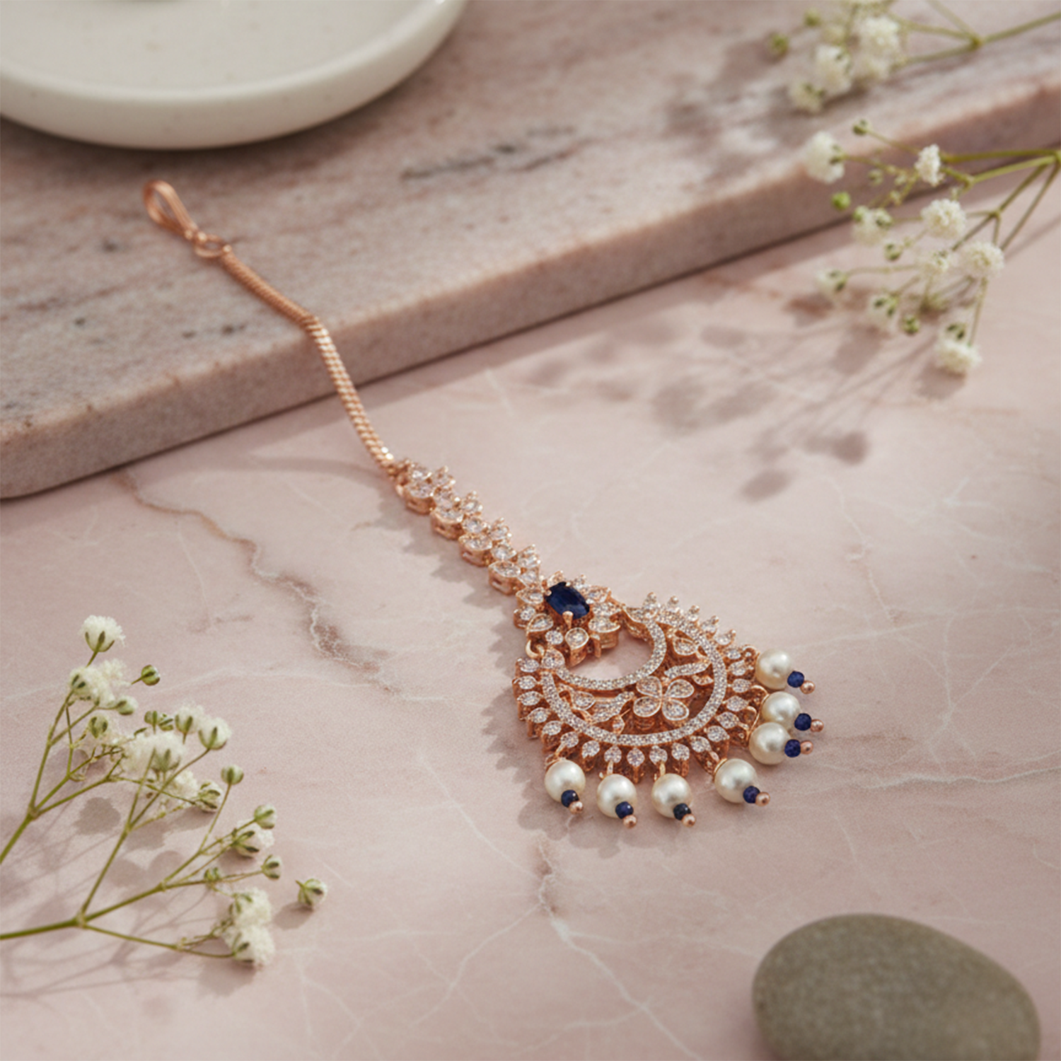 Kyra- Rose Gold Floral Pearl & Sapphire Stone Maang Tikka