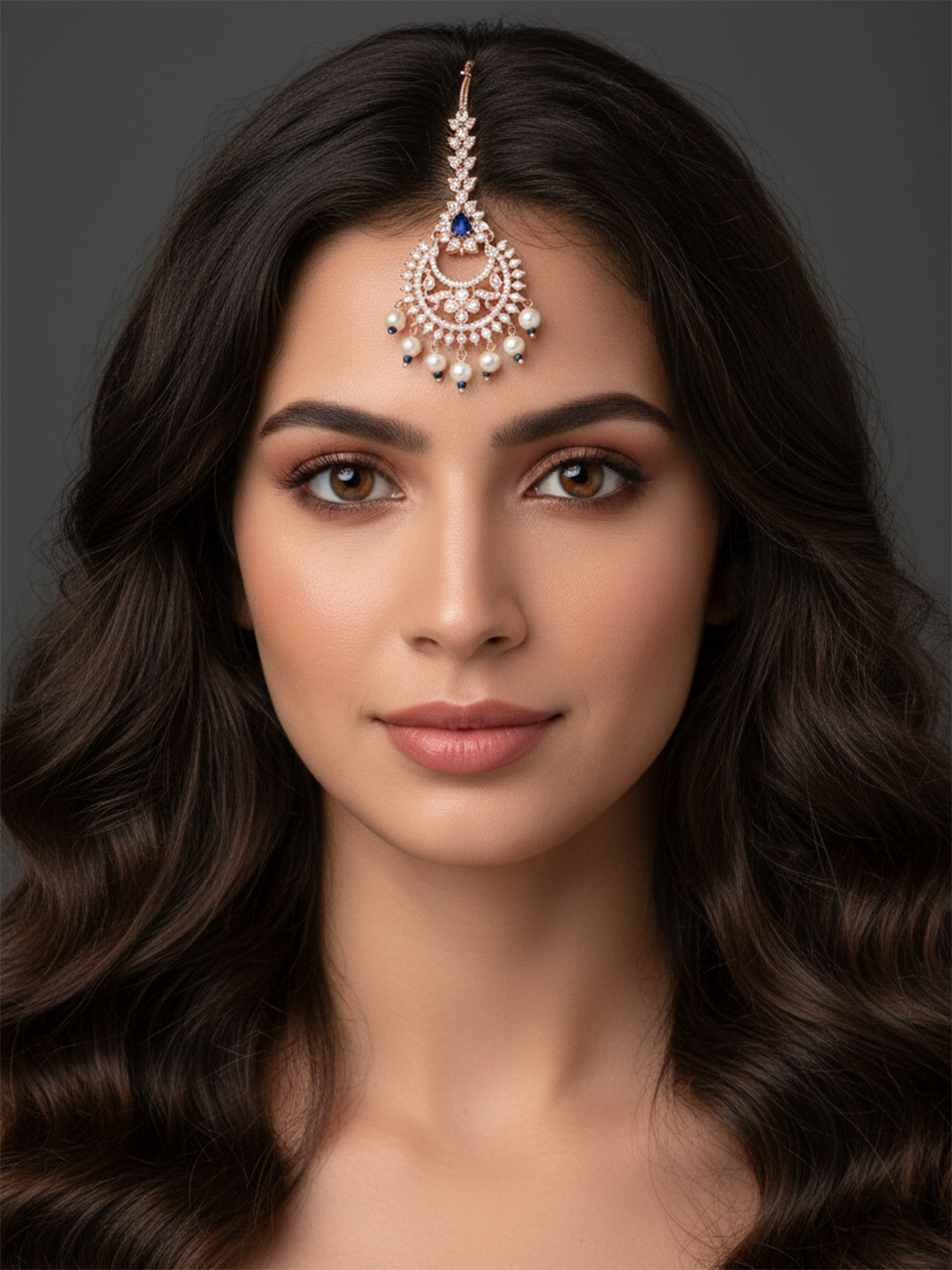 Kyra- Rose Gold Floral Pearl & Sapphire Stone Maang Tikka