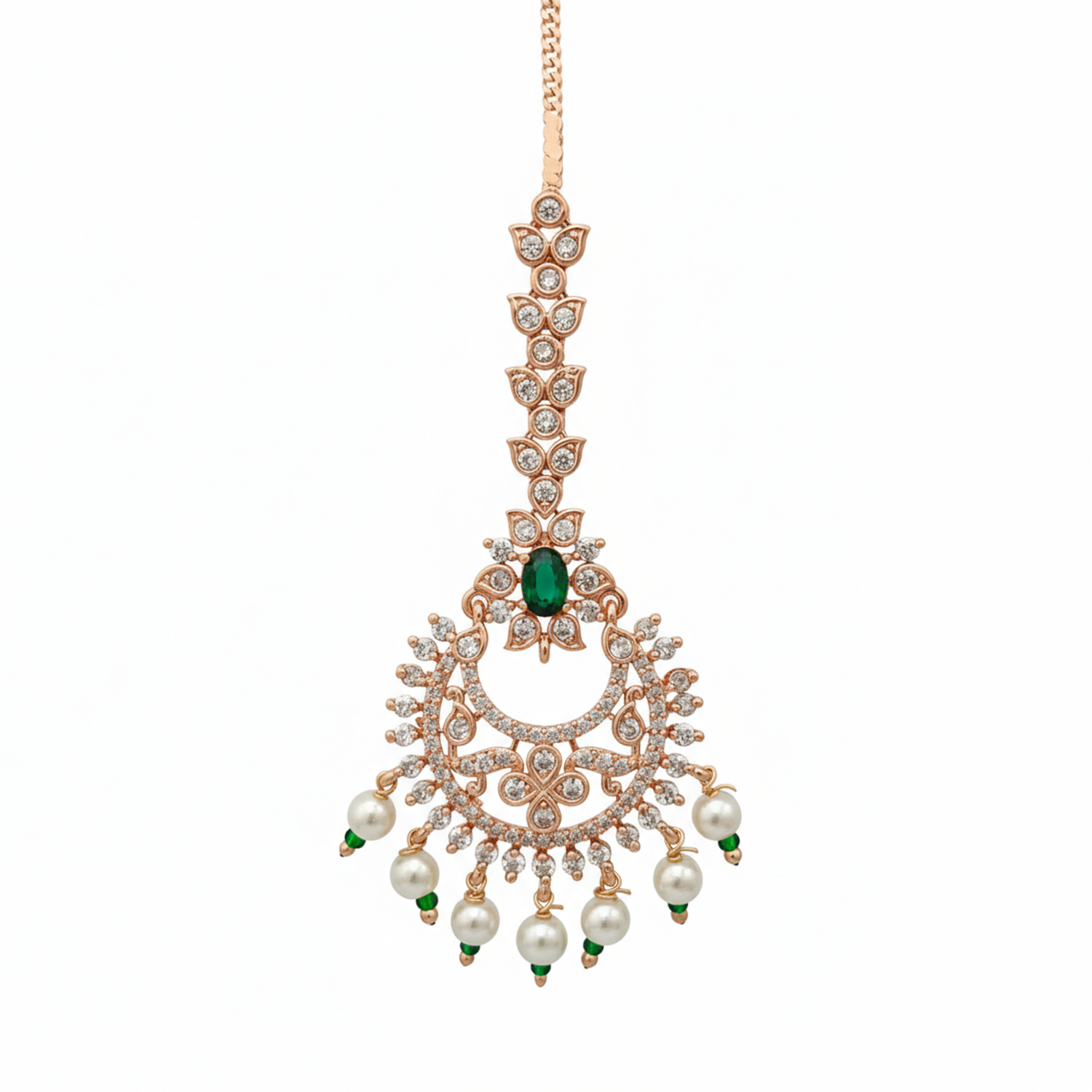 Kyra- Rose Gold Diamond & Emerald Pearl Maang Tikka