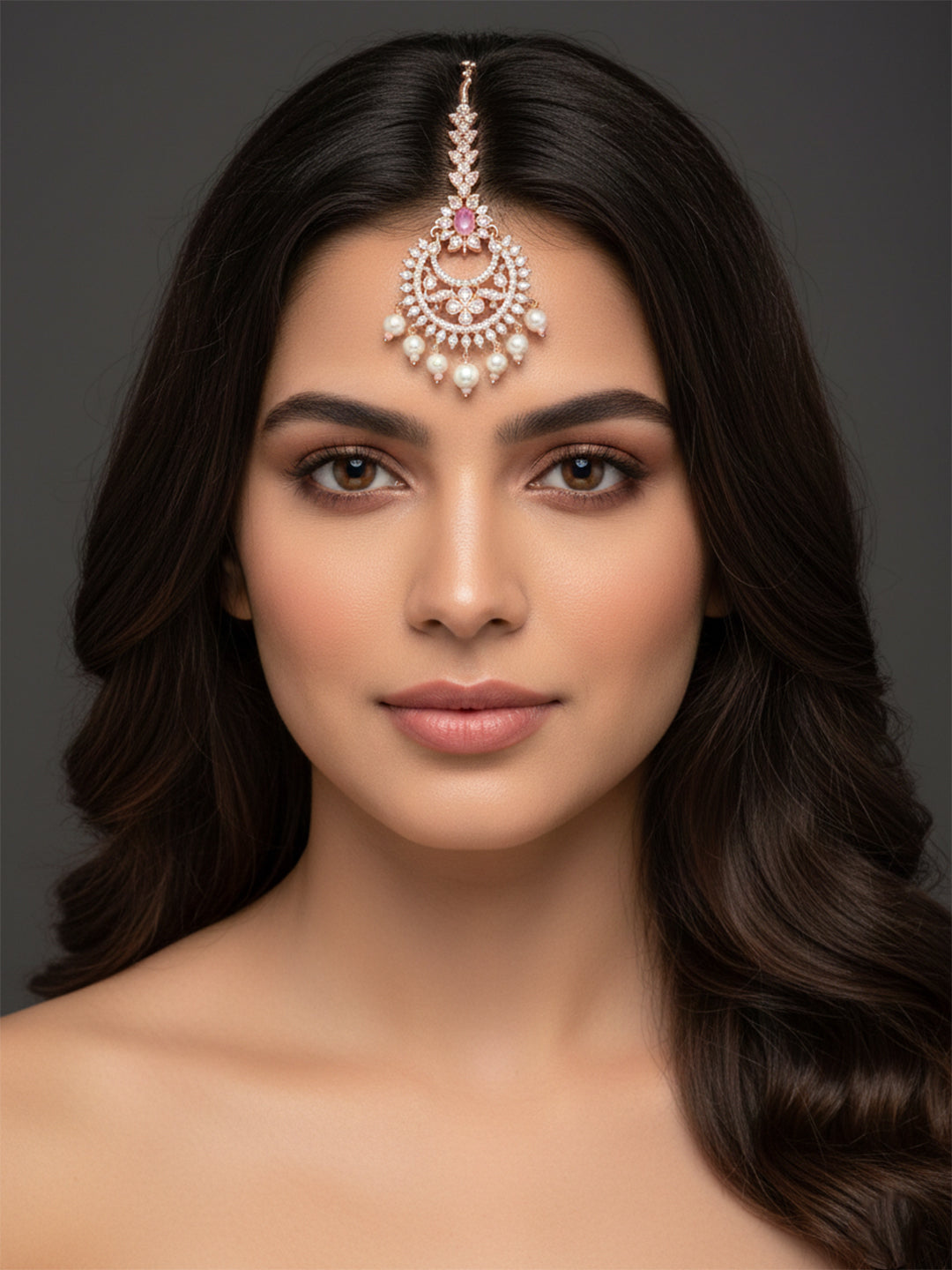 Kyra- Elegant Rose Gold Plated CZ & Pearl Maangtikka for Women