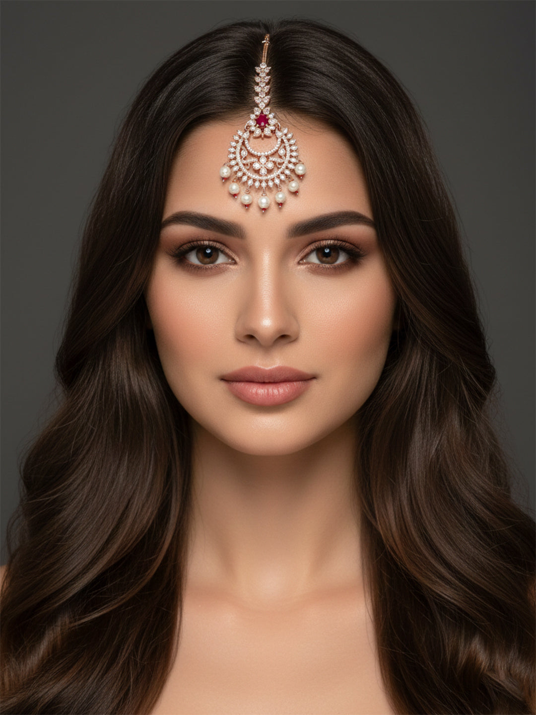 Kyra- Rose Gold Plated CZ & Ruby Tone Pearl Drop Maang Tikka