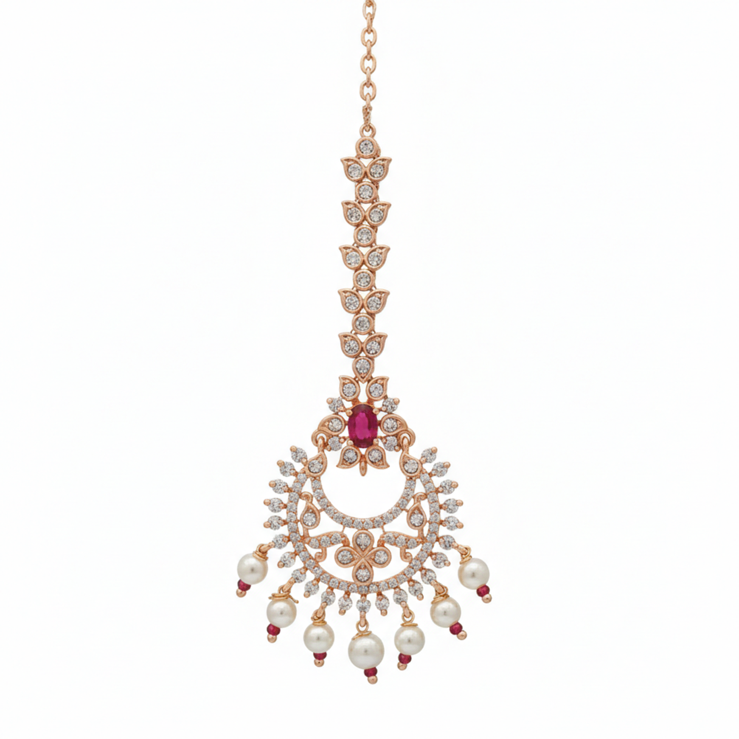 Kyra- Rose Gold Plated CZ & Ruby Tone Pearl Drop Maang Tikka