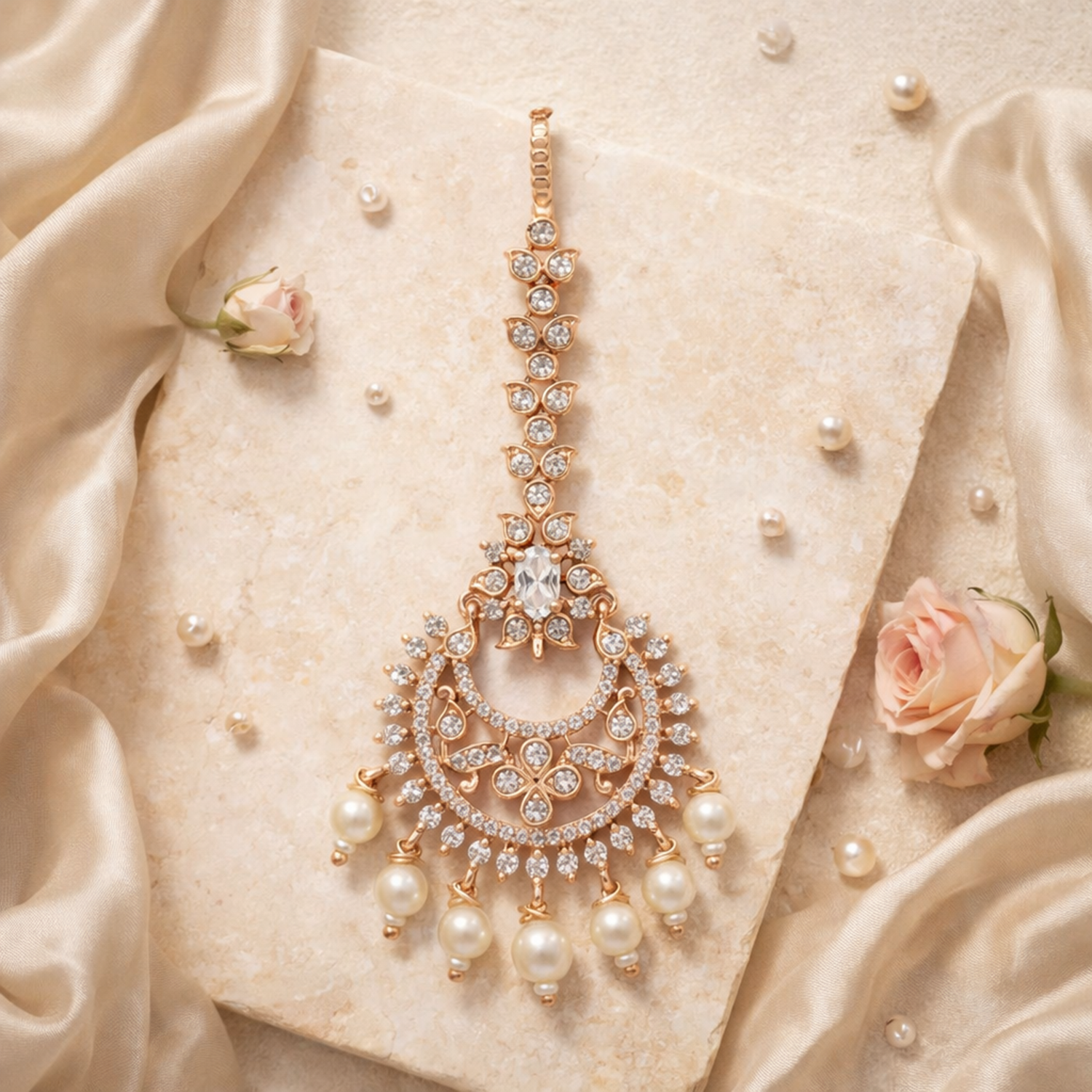 Krya- Rose Gold Plated CZ & Pearl Drop Traditional Maang Tikka