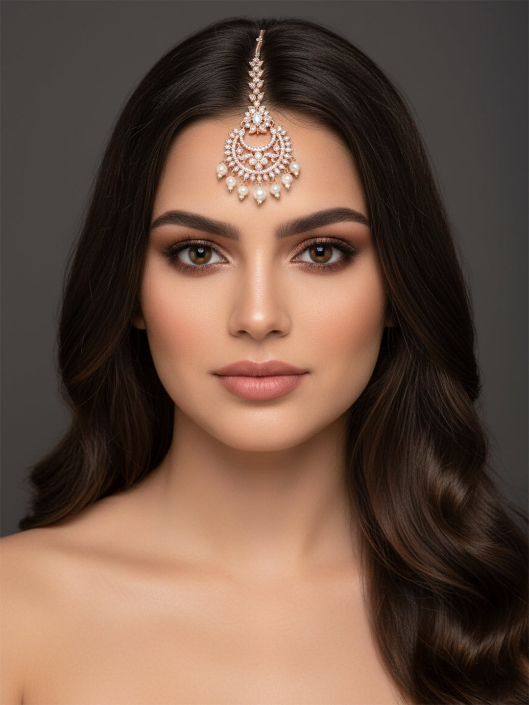 Krya- Rose Gold Plated CZ & Pearl Drop Traditional Maang Tikka