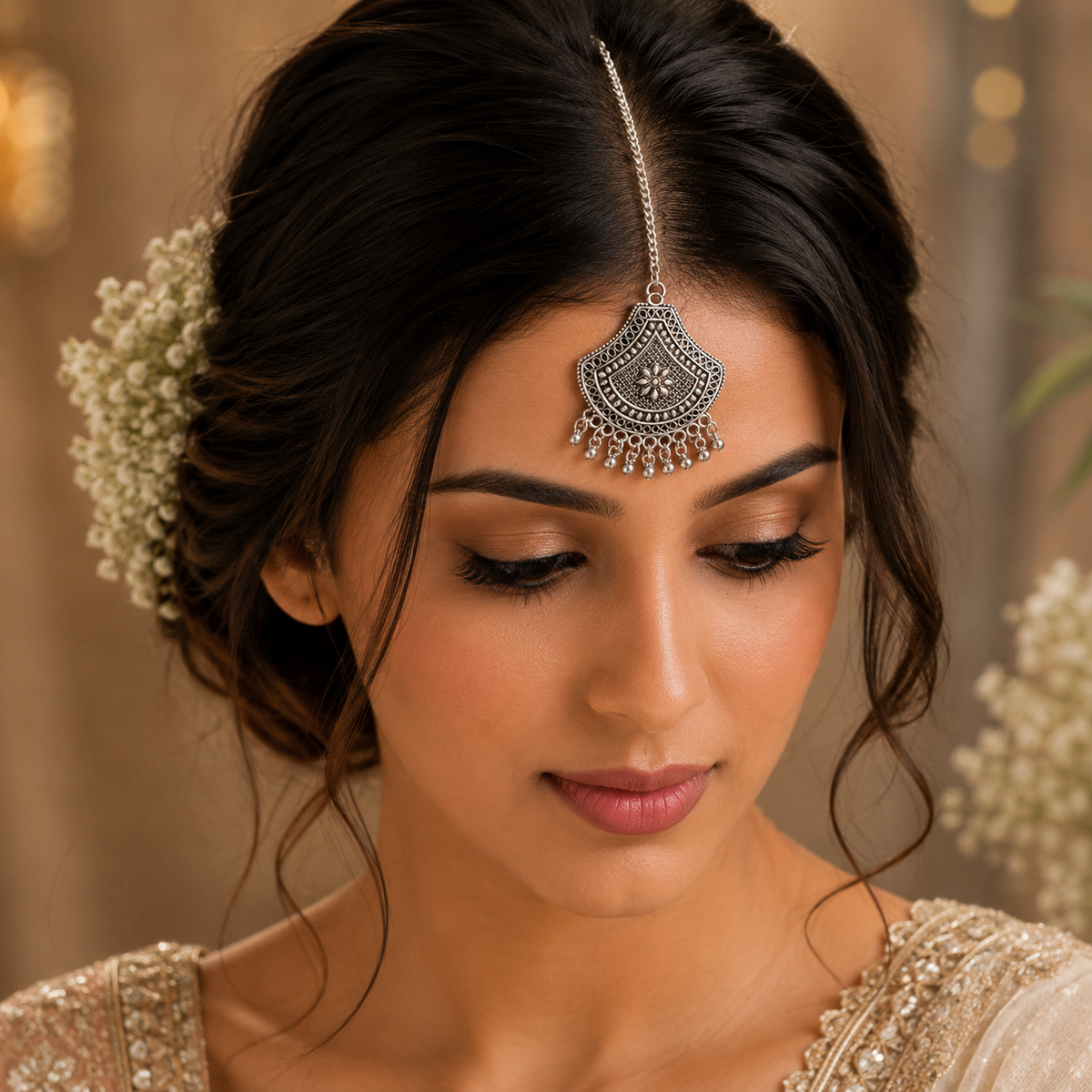 Amyra- Antique oxidised Fan-Shaped Maangtikka