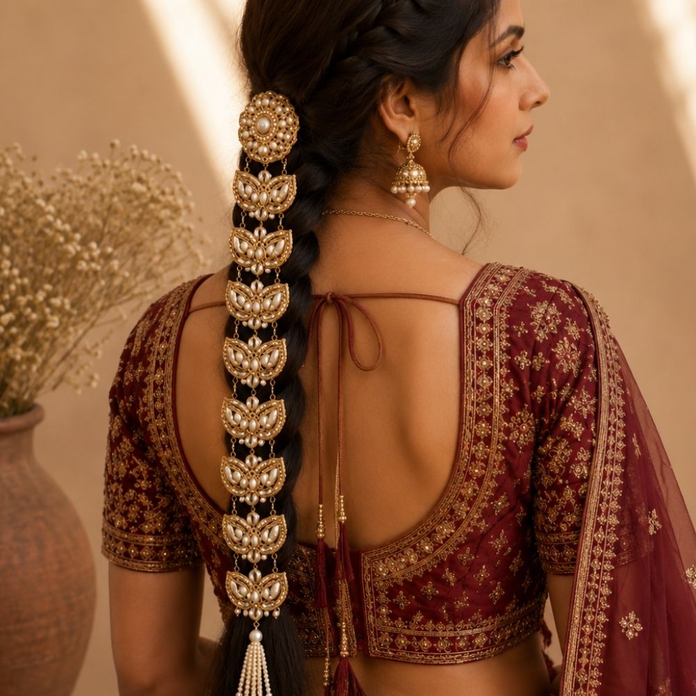Zarika-White Kundan Punjabi Paranda with Pearl Tassels