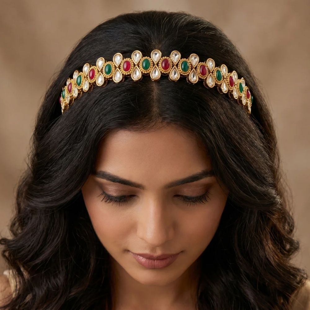 Ridhima- Kundan Style Hair Band with Simulated Ruby Emerald Stones