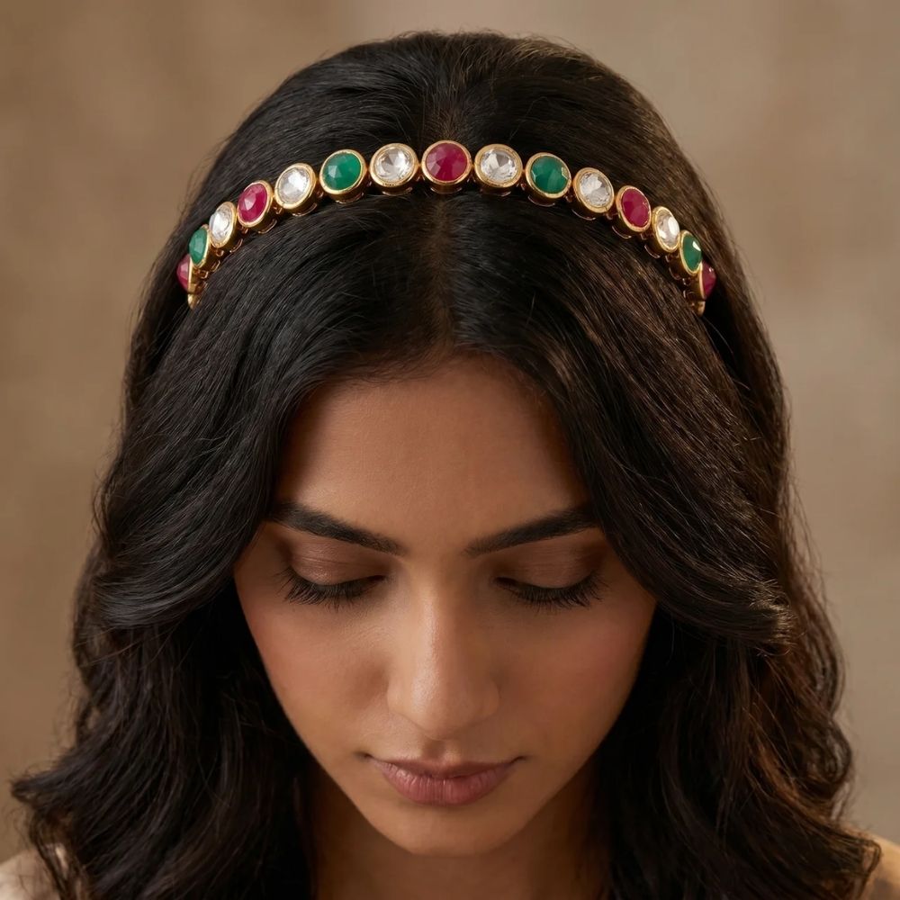 Kalini- Hair Band with Simulated Ruby Emerald and American Diamond Style Stones