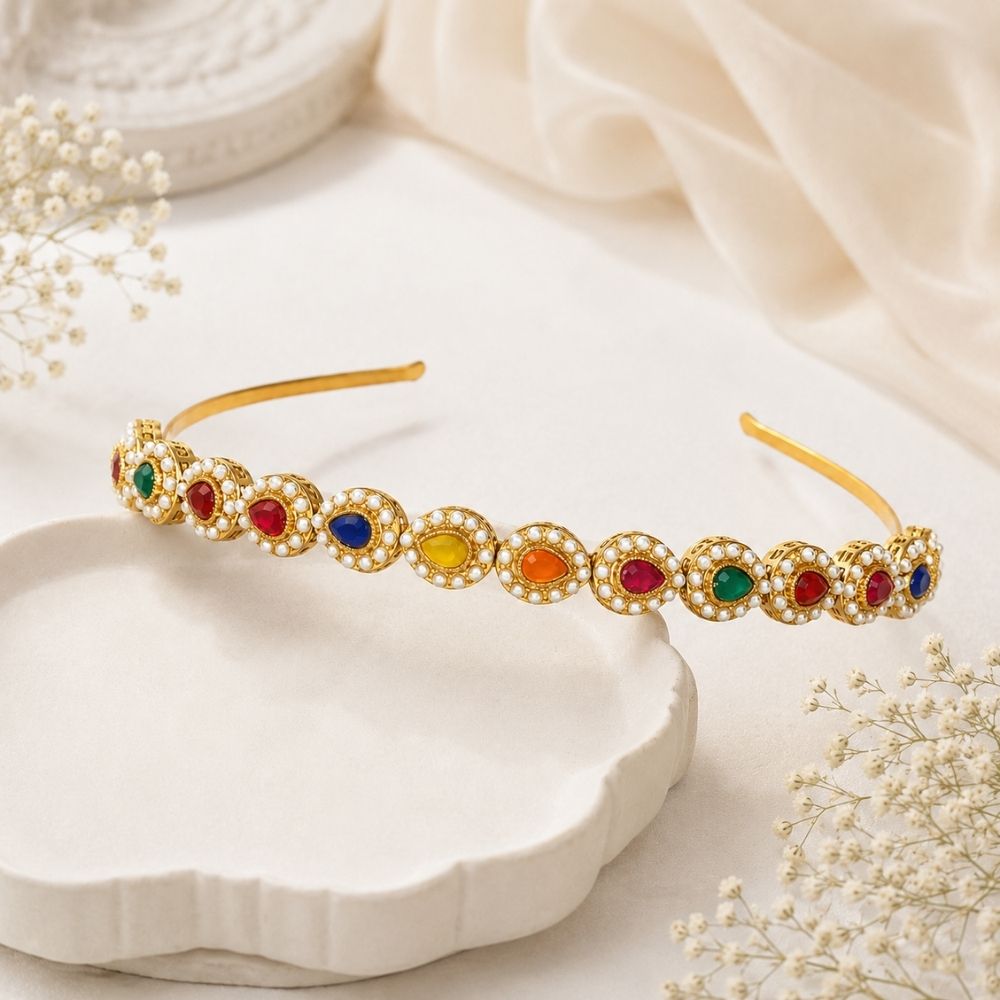 Varika- Multicolor Navratna Style Hair Band with Faux Pearls