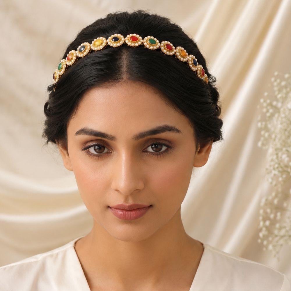 Varika- Multicolor Navratna Style Hair Band with Faux Pearls