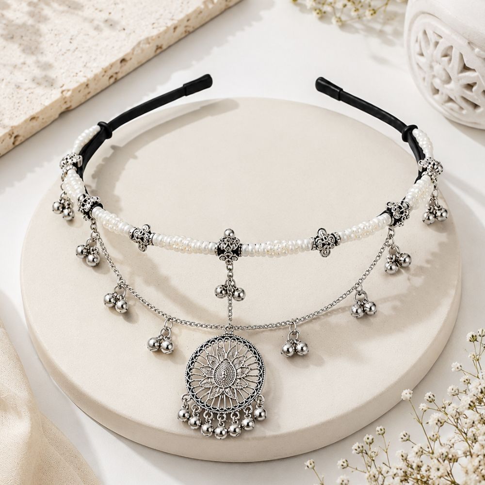 Vihana- Silver Oxidised Pearl Ghungroo Sheeshpatti