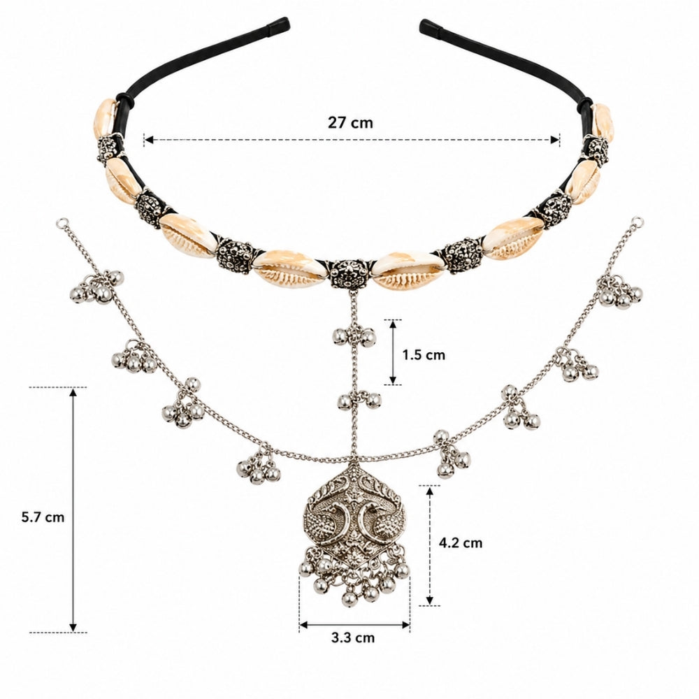 Jia- Silver Oxidised Shell Peacock Ghungroo Sheeshpatti