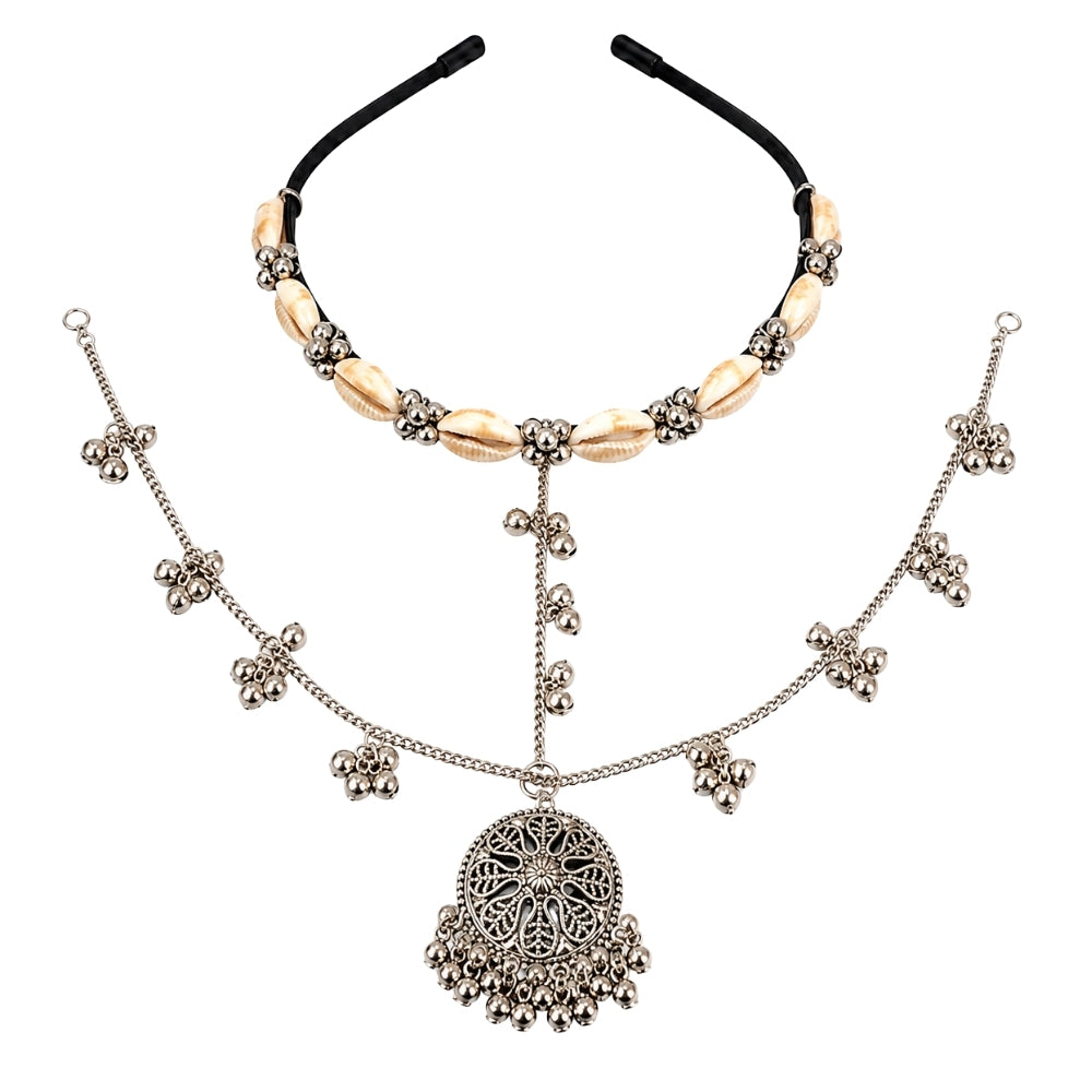Ruvika- Silver Oxidised Shell Ghungroo Sheeshpatti for Women
