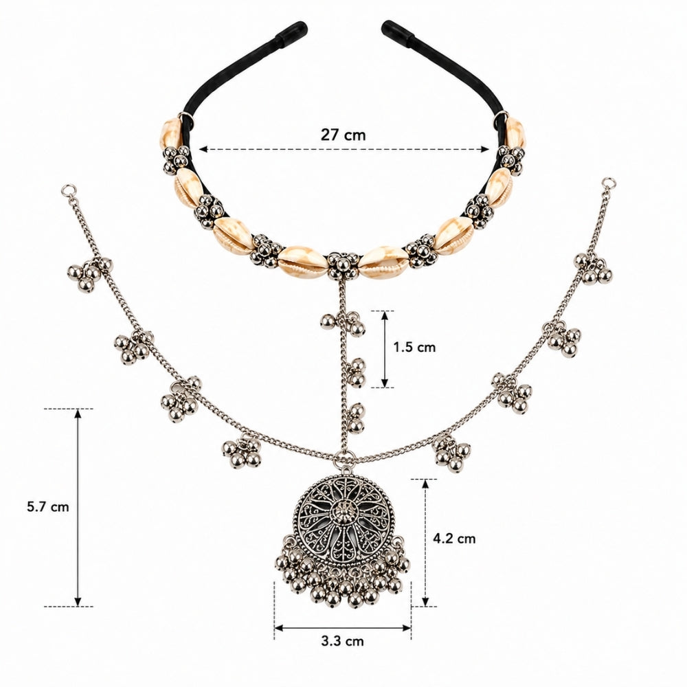 Ruvika- Silver Oxidised Shell Ghungroo Sheeshpatti for Women