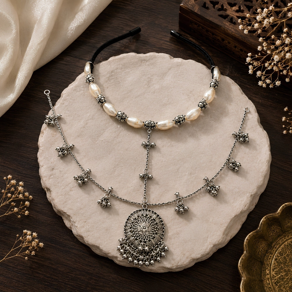 Baani- Silver Oxidised Shell Ghungroo Sheeshpatti