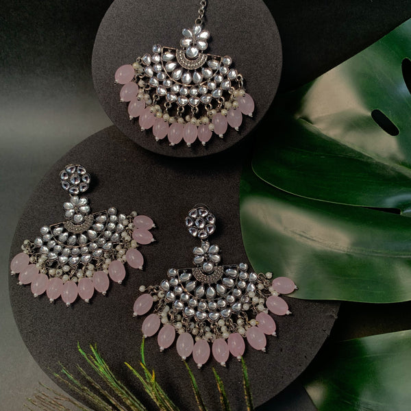 Buy Grey Chandbali Design Stone Studded Earrings With Maang Tikka For  Festival Online