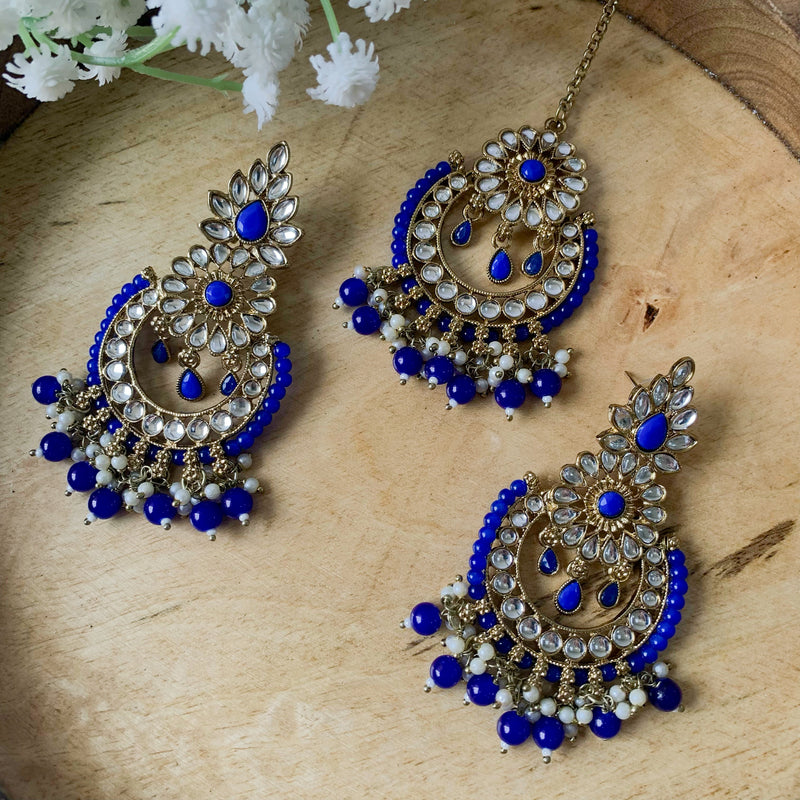 Ruhaani Blue MaangTikka Earrings Set
