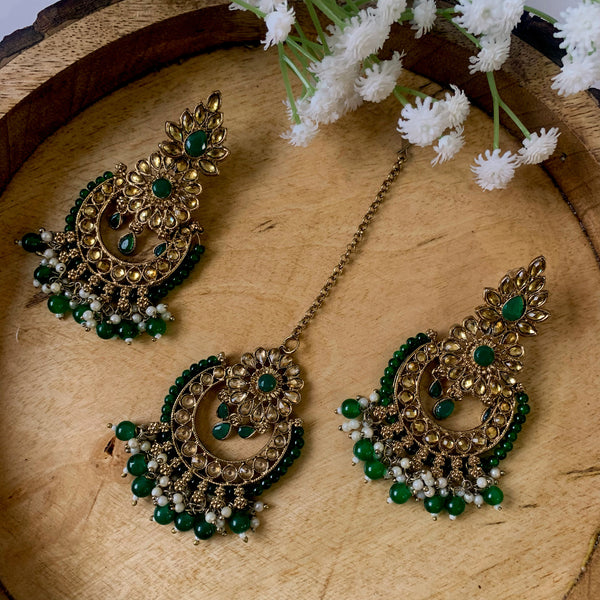 Ruhaani Green MaangTikka Earrings Set