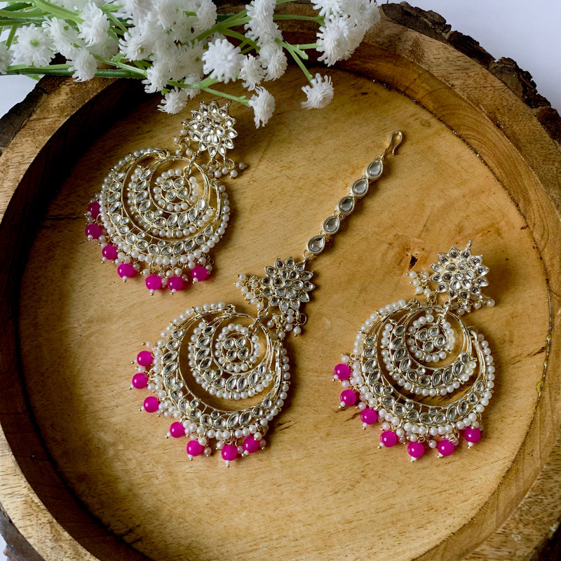 Meesha Pink Maangtikka Earring Set