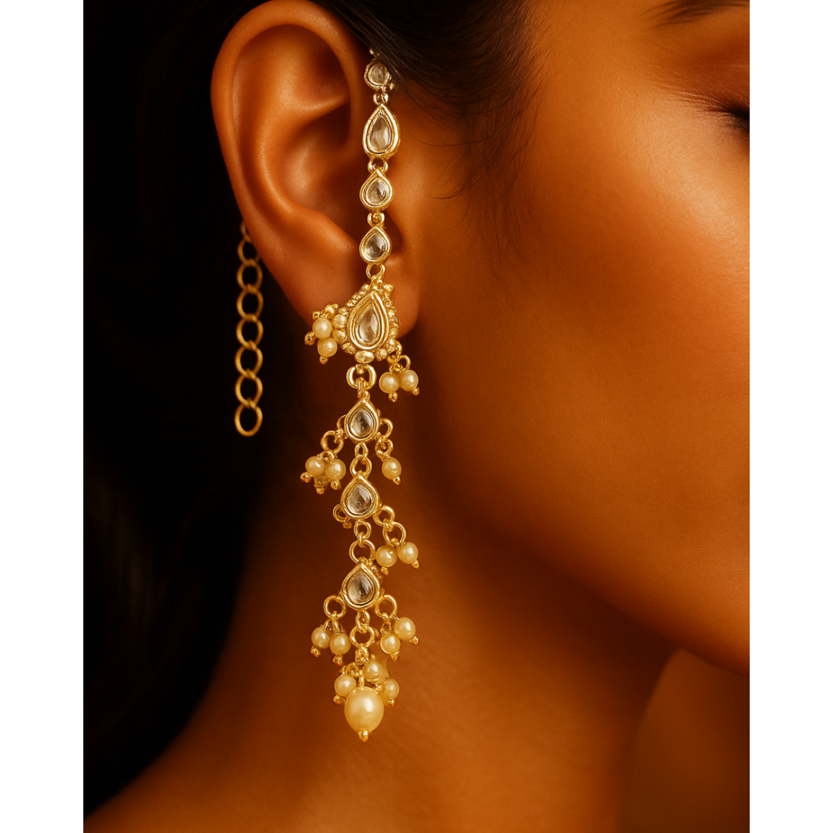 White Kundan Long Earrings with Pearl Strings