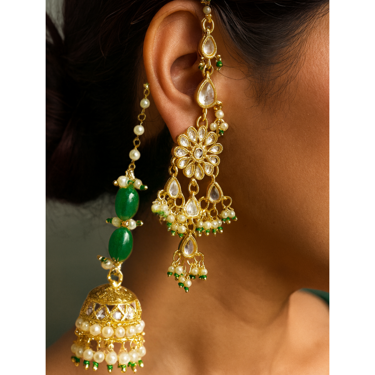 Floral Kundan Earrings with Green Beaded Jhumkas