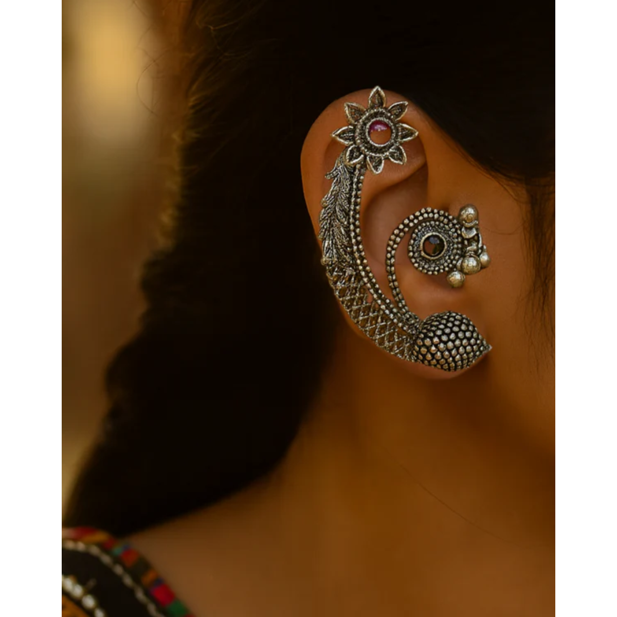 Oxidised Floral Motif Ear Cuffs with Detailing for Women – Navratri Collection