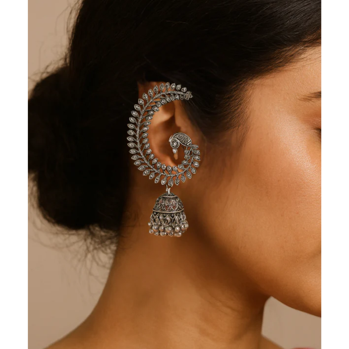 Oxidised Peacock Ear Cuffs with Jhumka Detailing – Navratri Collection